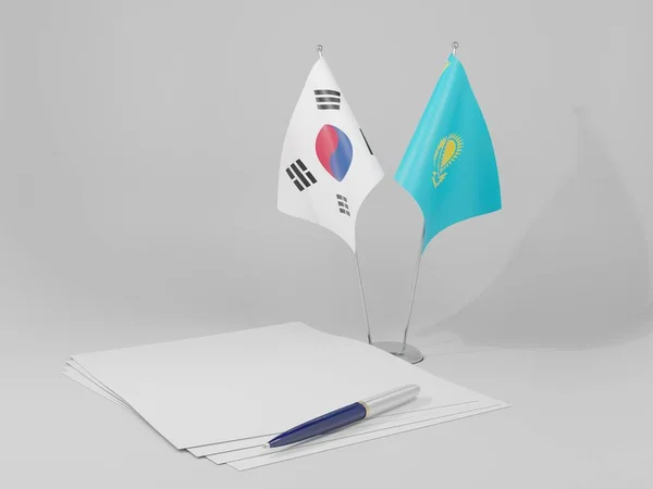 Kazakhstan Drapeaux Accord Corée Sud Fond Blanc Render — Photo