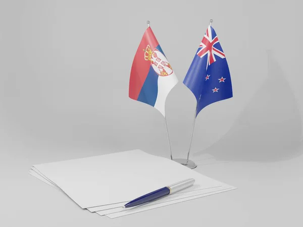 Nieuw Zeeland Servië Overeenkomst Vlaggen Witte Achtergrond Render — Stockfoto