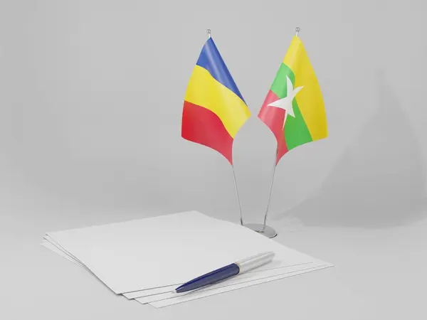 Myanmar Bandiere Dell Accordo Romania Sfondo Bianco Render — Foto Stock
