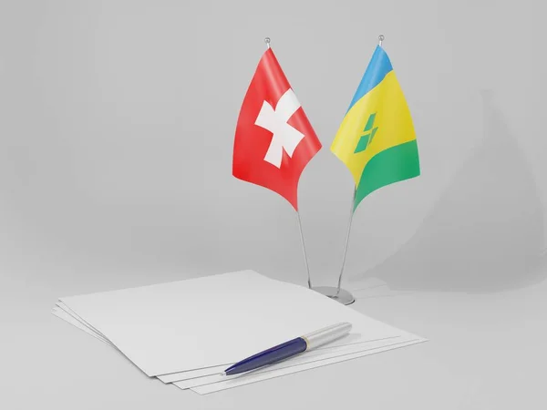 Άγιος Βικέντιος Και Γρεναδίνες Ελβετία Σημαίες Συμφωνία Λευκό Φόντο Render — Φωτογραφία Αρχείου