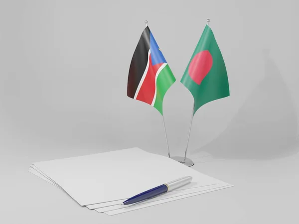 Bangladesh Sudão Sul Bandeiras Acordo Fundo Branco Render — Fotografia de Stock