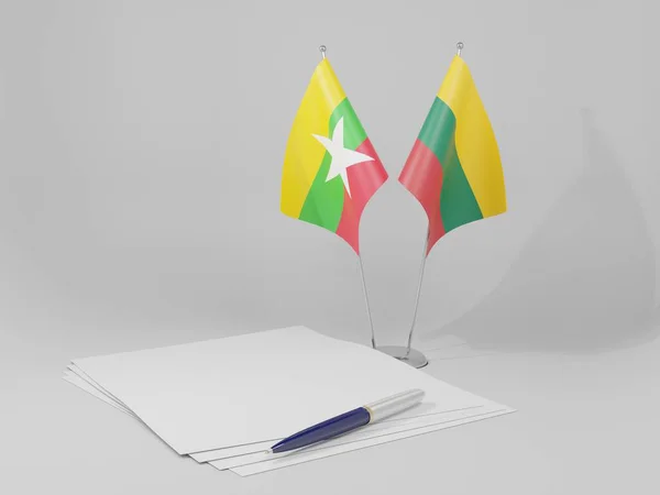 Lituania Banderas Del Acuerdo Myanmar Fondo Blanco Render — Foto de Stock