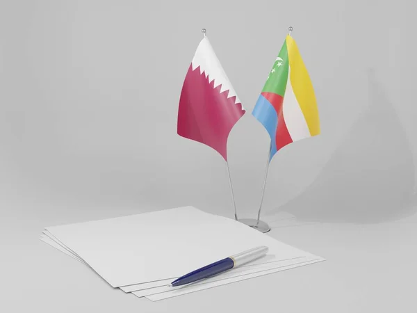 Comores Bandeiras Acordo Qatar Fundo Branco Render — Fotografia de Stock