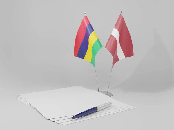 Letland Mauritius Overeenkomst Vlaggen Witte Achtergrond Render — Stockfoto