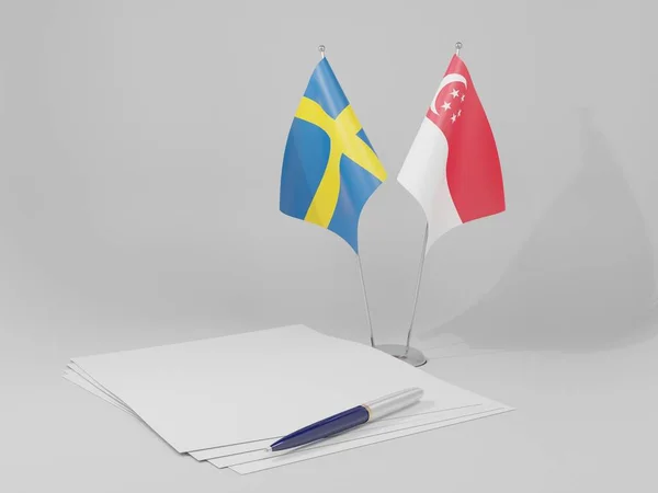 Singapur Banderas Del Acuerdo Suecia Fondo Blanco Render —  Fotos de Stock
