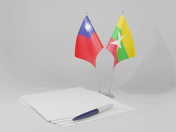 Μιανμάρ Ταϊβάν Συμφωνία Σημαίες Λευκό Φόντο Render — Φωτογραφία Αρχείου