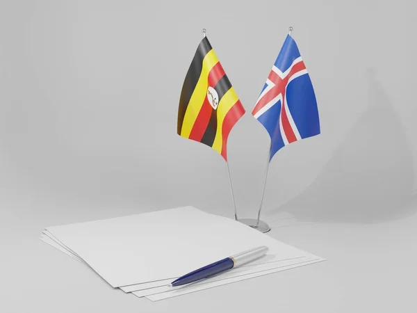 Ισλανδία Ουγκάντα Συμφωνία Σημαίες Λευκό Φόντο Render — Φωτογραφία Αρχείου