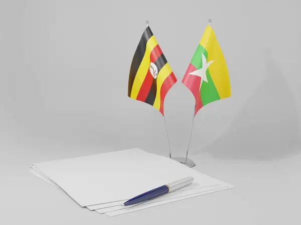 Μιανμάρ Ουγκάντα Συμφωνία Σημαίες Λευκό Φόντο Render — Φωτογραφία Αρχείου