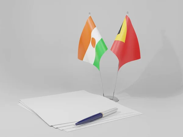 Ανατολικό Τιμόρ Συμφωνία Του Νίγηρα Σημαίες Λευκό Φόντο Render — Φωτογραφία Αρχείου