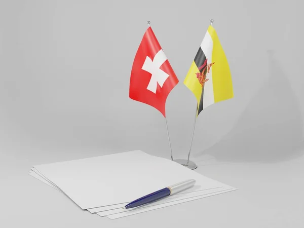 Brunei Banderas Del Acuerdo Suiza Fondo Blanco Render —  Fotos de Stock