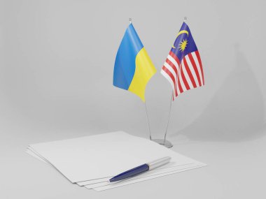 Malezya - Ukrayna Anlaşması Bayrakları, Beyaz Arkaplan - 3D Hazırlama