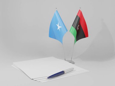 Libya - Somali Anlaşması Bayrakları, Beyaz Arkaplan - 3D Hazırlama