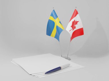 Kanada - İsveç Anlaşması Bayrakları, Beyaz Arkaplan - 3D Hazırlama