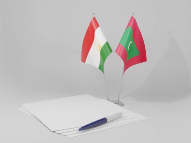 Maldivler - Tacikistan Anlaşması Bayrakları, Beyaz Arkaplan - 3D Render