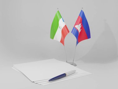 Kamboçya - Ekvator Gine Anlaşması Bayrakları, Beyaz Arkaplan - 3D Render