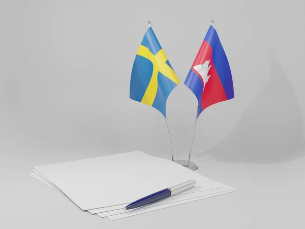 Kambodża Szwecja Flagi Porozumienia Białe Tło Render — Zdjęcie stockowe