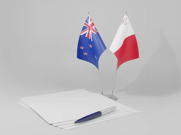 Malta Nowa Zelandia Flagi Umowy Białe Tło Render — Zdjęcie stockowe