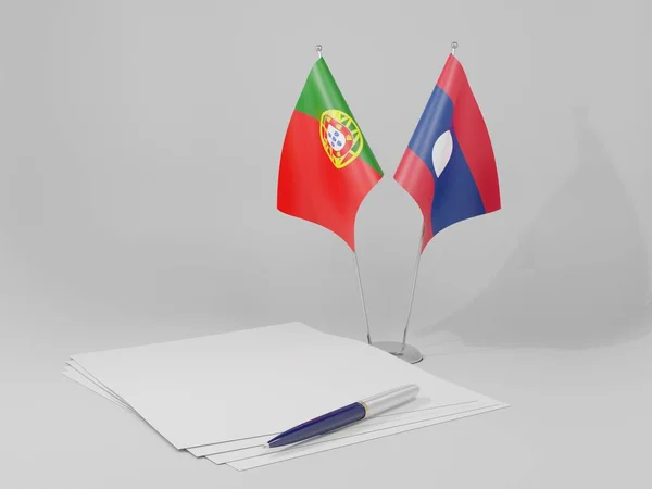 Laos Banderas Del Acuerdo Portugal Fondo Blanco Render —  Fotos de Stock