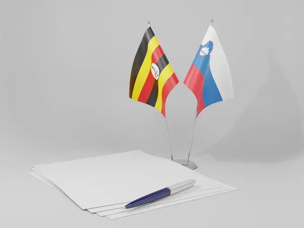 Slowenien Uganda Abkommen Flaggen Weißer Hintergrund Render — Stockfoto