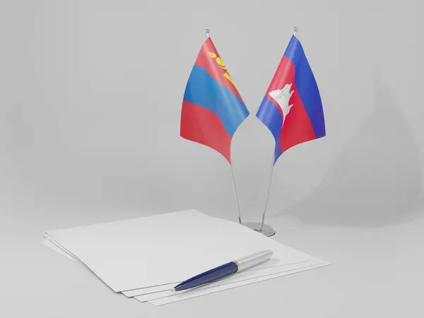 Camboya Banderas Del Acuerdo Mongolia Fondo Blanco Render —  Fotos de Stock