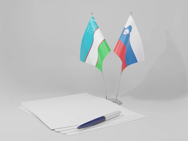 Slovenien Uzbekistan Flaggor Vit Bakgrund Render — Stockfoto