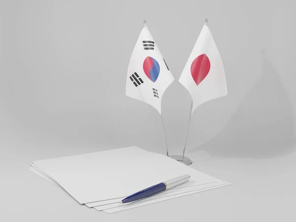 Japão Coreia Sul Bandeiras Acordo Fundo Branco Render — Fotografia de Stock