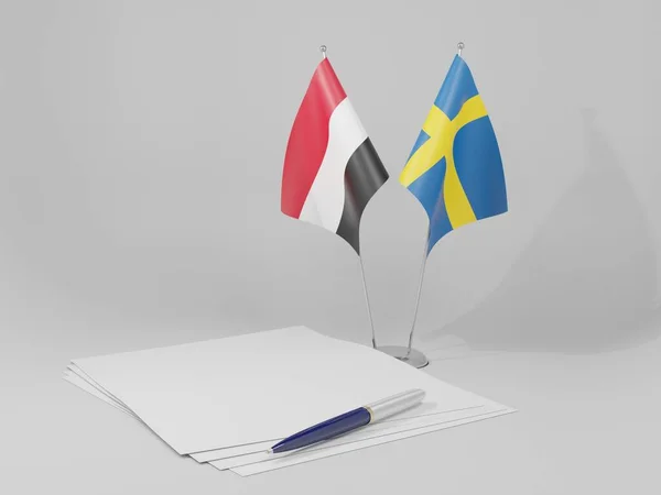 Szwecja Jemen Flagi Porozumienia Białe Tło Render — Zdjęcie stockowe