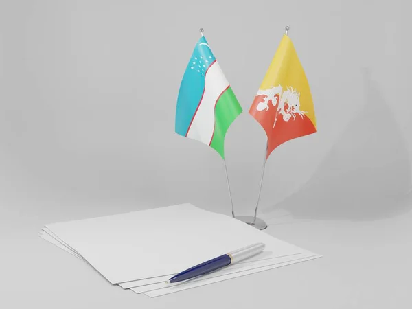 Bután Banderas Del Acuerdo Uzbekistán Fondo Blanco Render —  Fotos de Stock