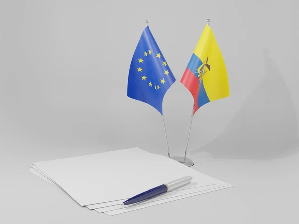 Ecuador European Union Agreement Flags White Background Render — Stock Photo, Image