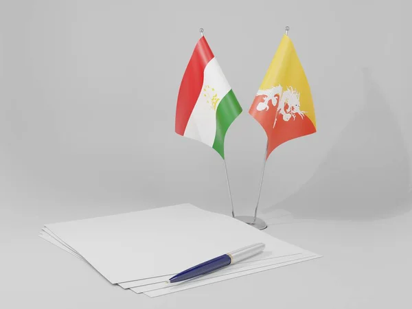 Butão Acordo Tajiquistão Bandeiras Fundo Branco Render — Fotografia de Stock