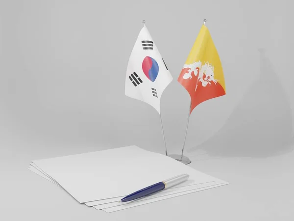 Butão Acordo Coreia Sul Bandeiras Fundo Branco Render — Fotografia de Stock