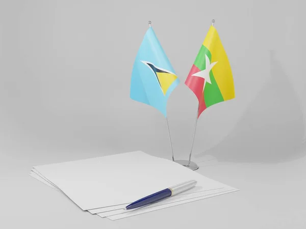Myanmar Saint Lucia Abkommen Flaggen Weißer Hintergrund Render — Stockfoto