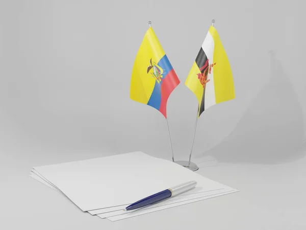 ブルネイ エクアドル合意フラグ 白の背景 3Dレンダリング — ストック写真