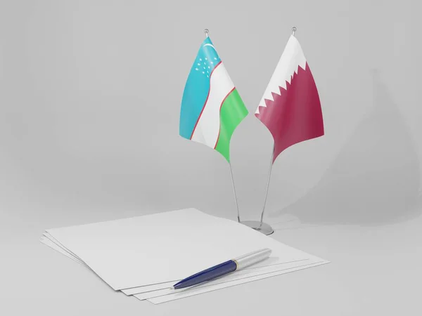 Qatar Drapeaux Accord Ouzbékistan Fond Blanc Render — Photo