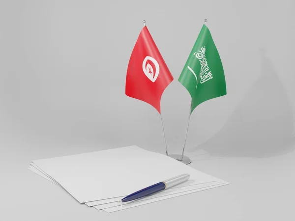 Arábia Saudita Tunísia Acordo Bandeiras Fundo Branco Render — Fotografia de Stock