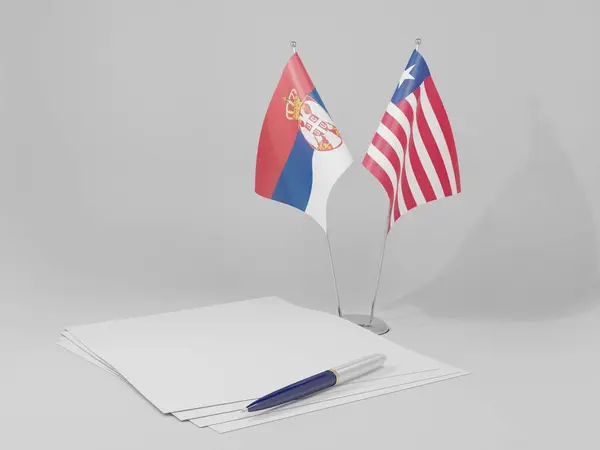 Liberia Banderas Del Acuerdo Serbia Fondo Blanco Render — Foto de Stock
