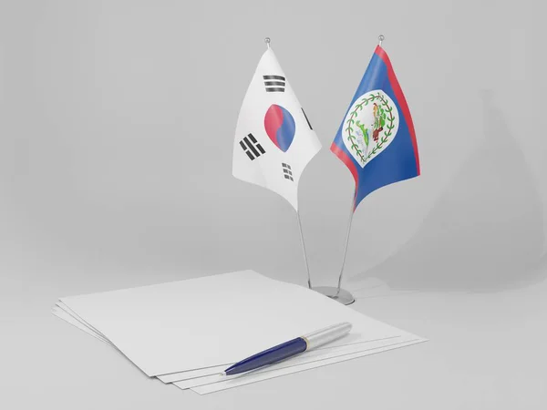 Belize Bandeiras Acordo Coreia Sul Fundo Branco Render — Fotografia de Stock