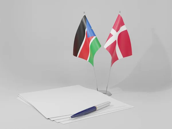 Dinamarca Sudão Sul Bandeiras Acordo Fundo Branco Render — Fotografia de Stock