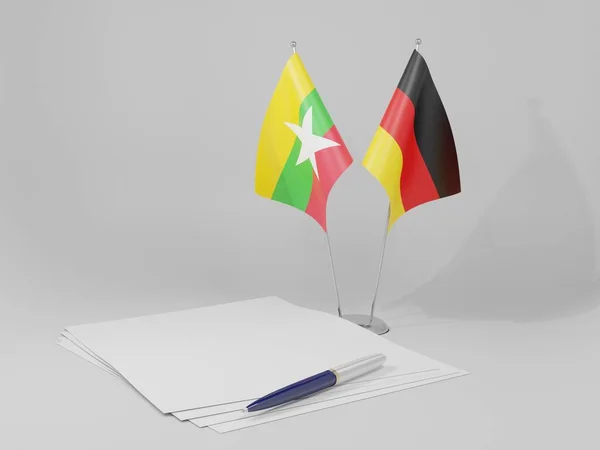 Alemania Banderas Del Acuerdo Myanmar Fondo Blanco Render —  Fotos de Stock