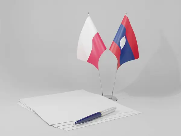 Laos Acordo Polônia Bandeiras Fundo Branco Render — Fotografia de Stock