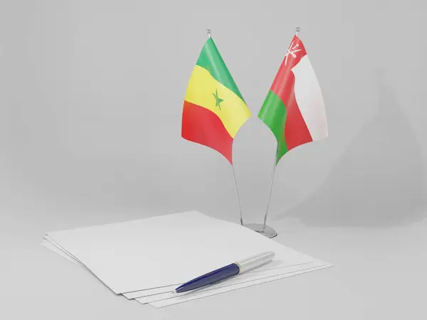 Bandeiras Acordo Omã Senegal Fundo Branco Renderização — Fotografia de Stock