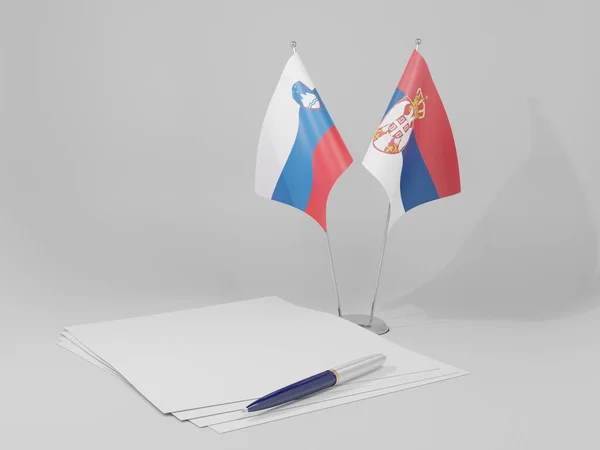 Serbia Eslovenia Banderas Acuerdo Fondo Blanco Render — Foto de Stock