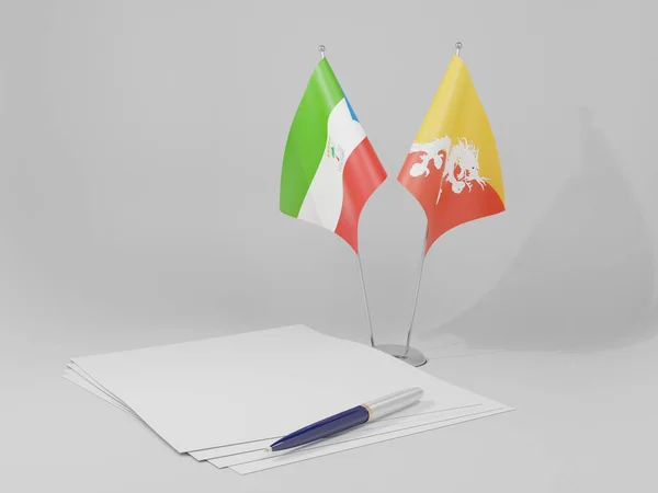 Butão Bandeiras Acordo Guiné Equatorial Fundo Branco Render — Fotografia de Stock