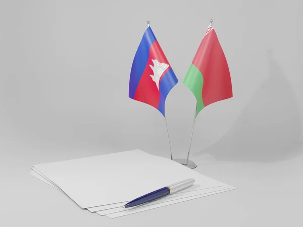 Bielorrússia Bandeiras Acordo Camboja Fundo Branco Render — Fotografia de Stock