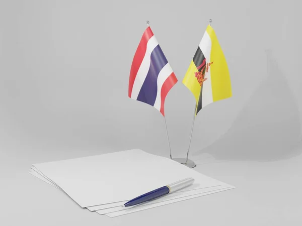 Brunei Bandeiras Acordo Tailândia Fundo Branco Render — Fotografia de Stock