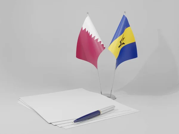 Barbados Overeenkomst Van Qatar Vlaggen Witte Achtergrond Render — Stockfoto