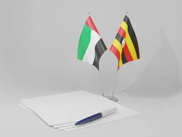 Uganda Bandeiras Acordo Dos Emirados Árabes Unidos Fundo Branco Render — Fotografia de Stock
