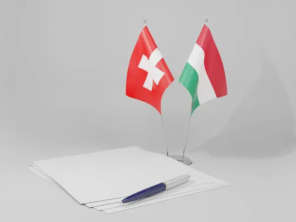 Ungarn Schweiz Abkommen Flaggen Weißer Hintergrund Render — Stockfoto