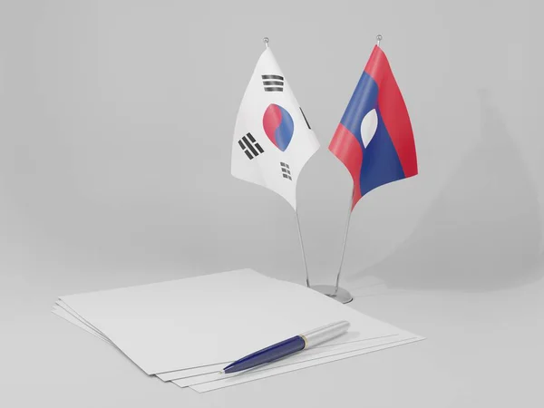 Laos Bandeiras Acordo Coreia Sul Fundo Branco Render — Fotografia de Stock