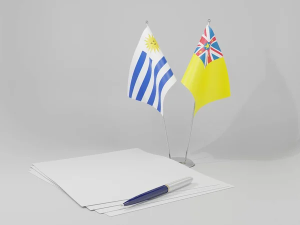 Niue Banderas Del Acuerdo Uruguay Fondo Blanco Render —  Fotos de Stock